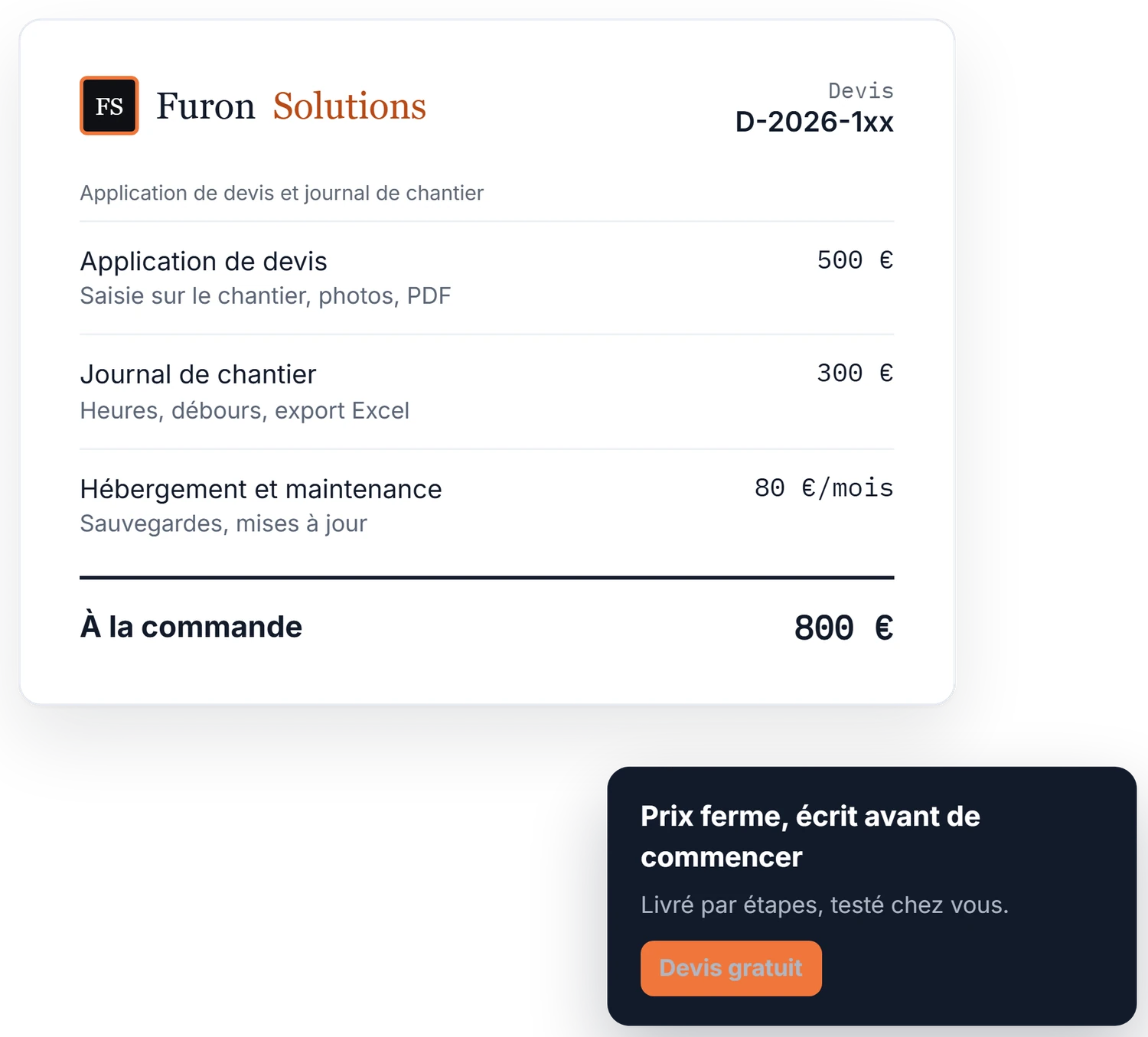 Exemple de devis : application de devis et journal de chantier, 800 € à la commande