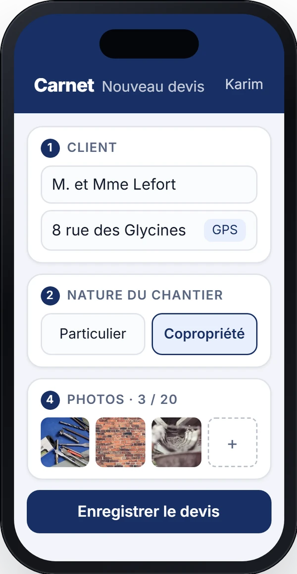 Saisie du devis sur téléphone