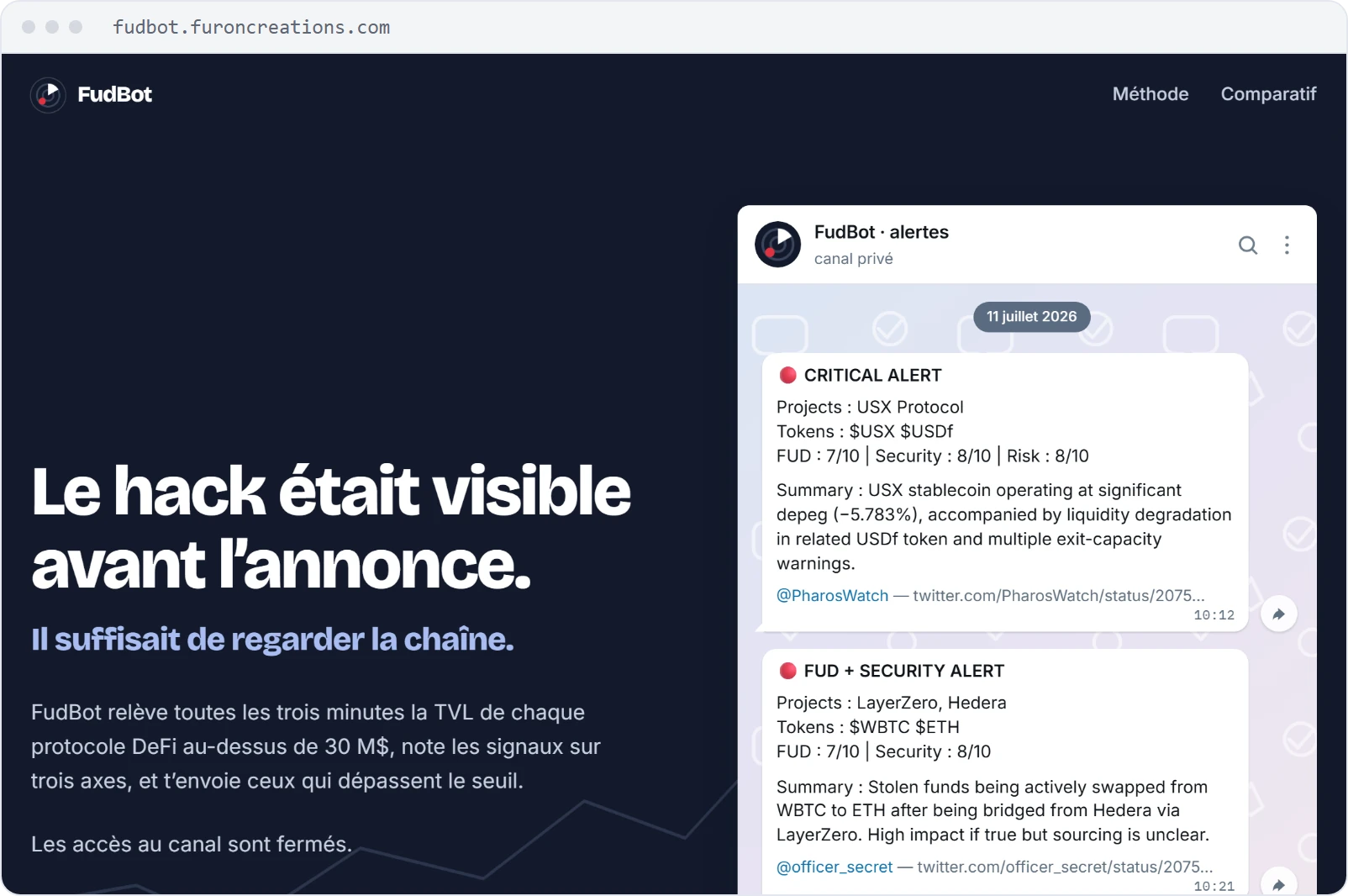 Page d'accueil de FudBot avec deux alertes Telegram