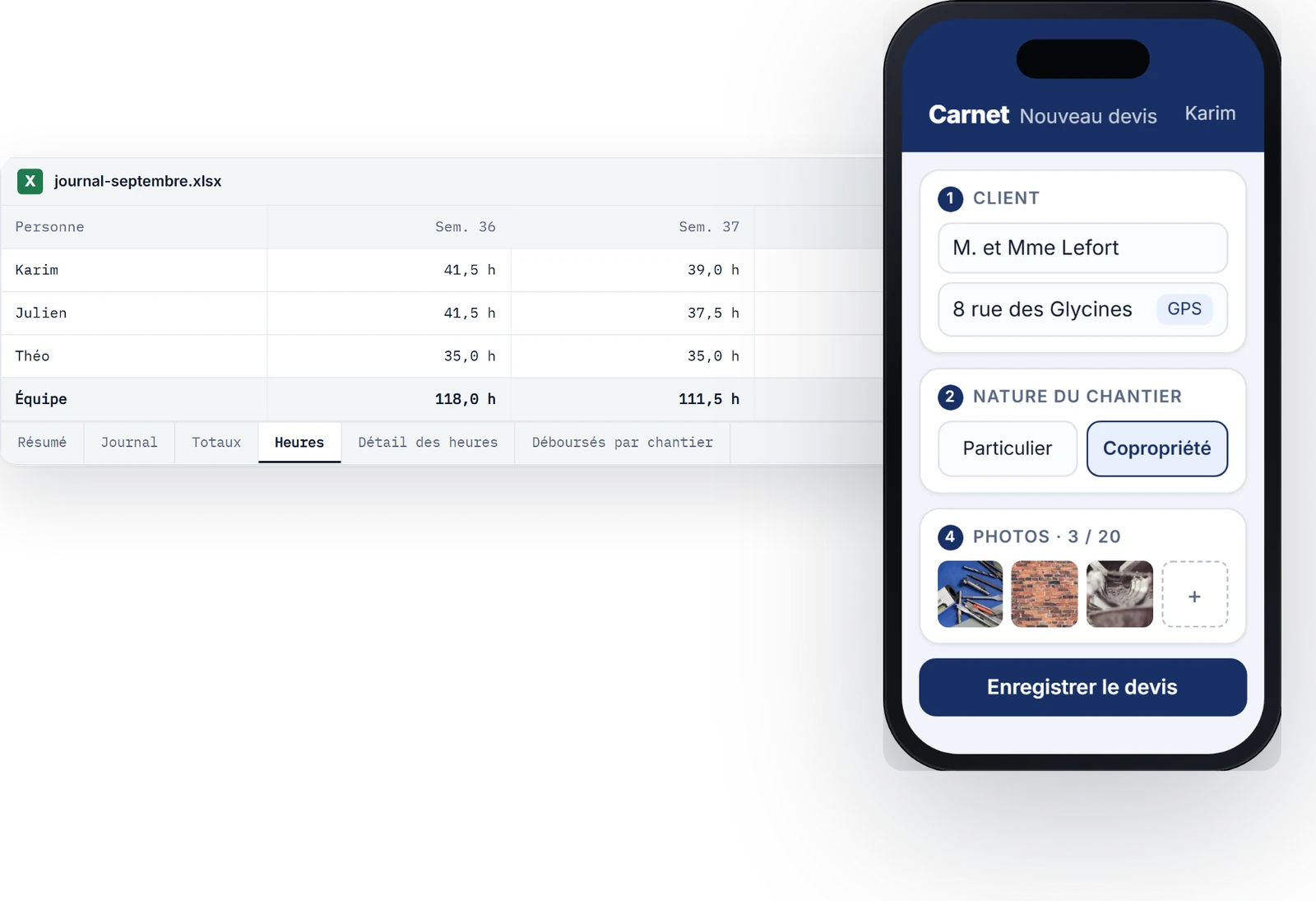 Un classeur Excel exporté et la saisie sur téléphone qui le remplit