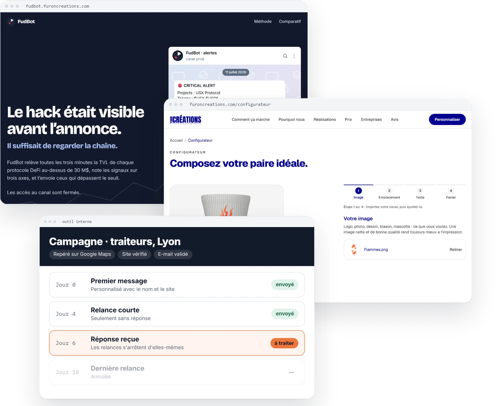 FudBot, le configurateur Furon Créations et une fiche de prospection
