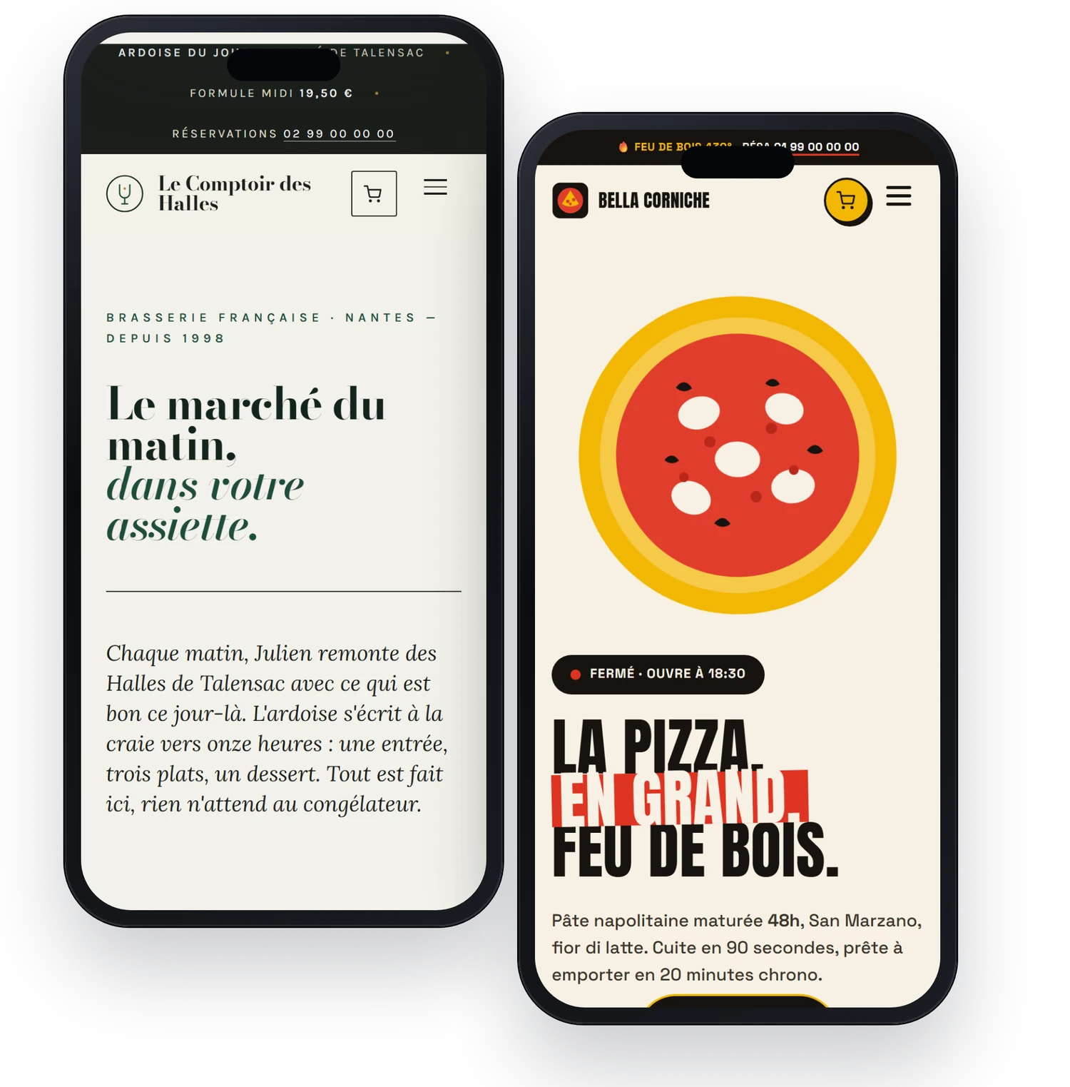 Deux styles de site de restaurant affichés sur téléphone